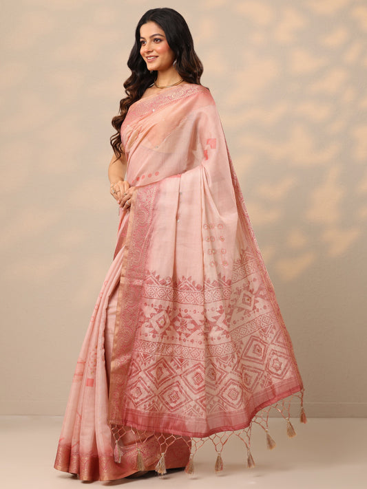 Peach Printed Silk Blend Sarees With Unstitched Blouse Piece