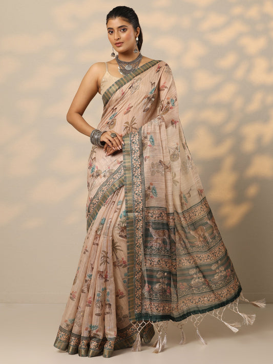 Tan Printed Cotton Blend Saree With Unstitched Blouse Piece