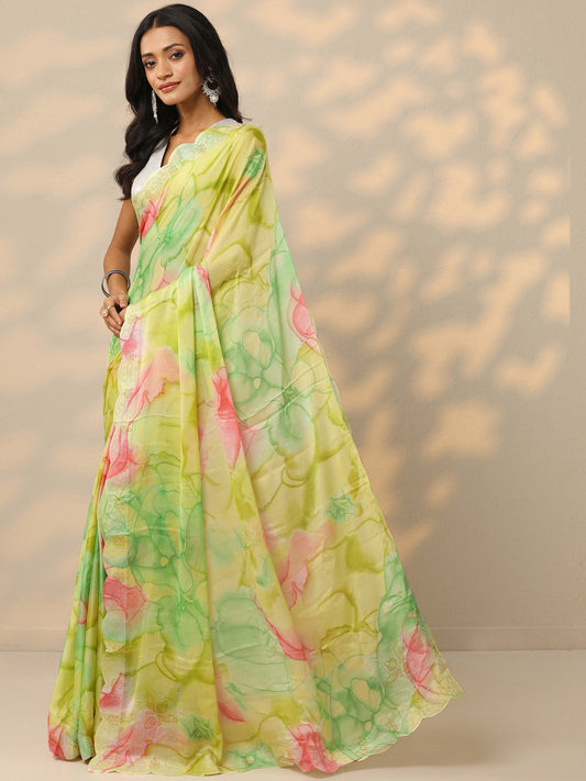 Green Printed Chinon Saree With Unstitched Blouse Piece