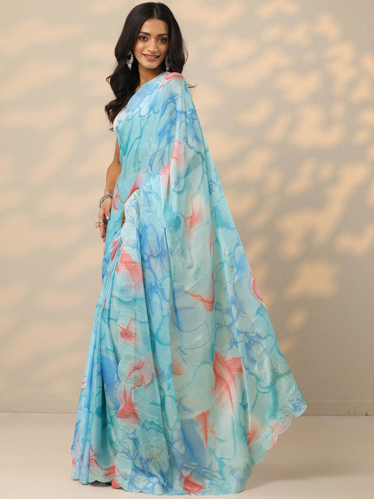Blue Printed Chinon Saree With Unstitched Blouse Piece