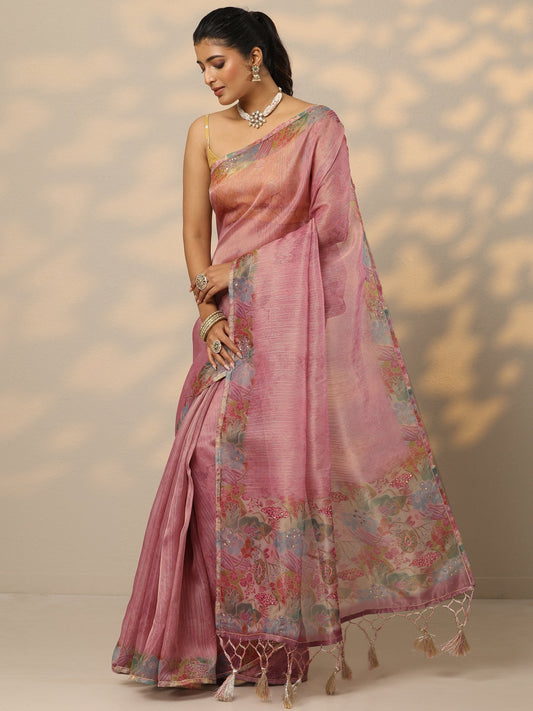 Mauve Embellished Nylon Saree With Unstitched Blouse Piece