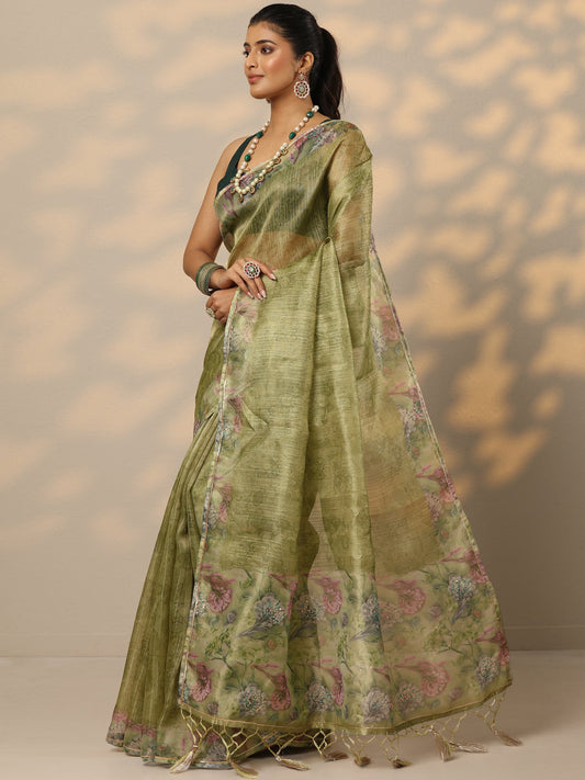 Green Embellished Nylon Saree With Unstitched Blouse Piece