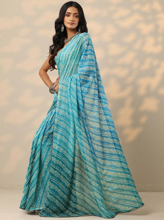 Teal Bandhani Printed Chiffon Saree With Unstitched Blouse Piece