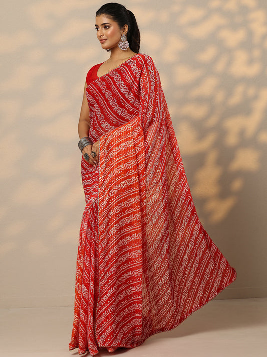 Red Bandhani Printed Chiffon Saree With Unstitched Blouse Piece
