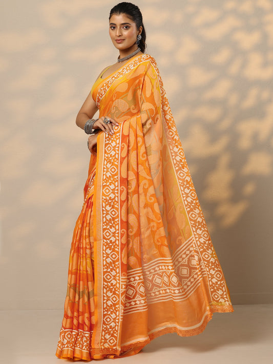 Mustard Printed Georgette Saree With Unstitched Blouse Piece