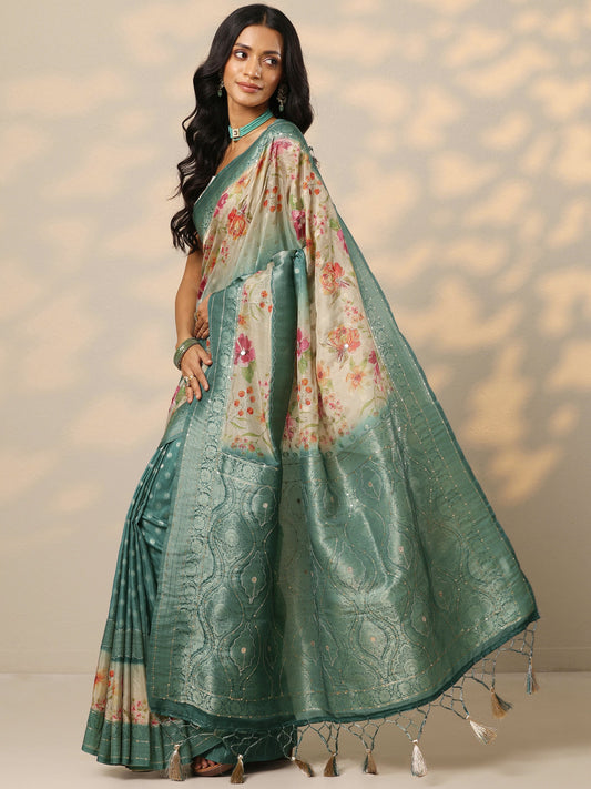 Green Woven Design Silk Blend Saree With Unstitched Blouse Piece