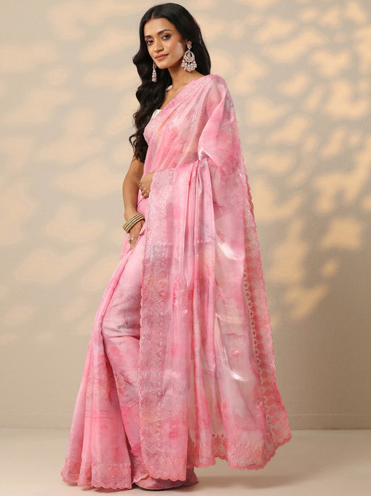 Pink Embroidered Organza Saree With Unstitched Blouse Piece