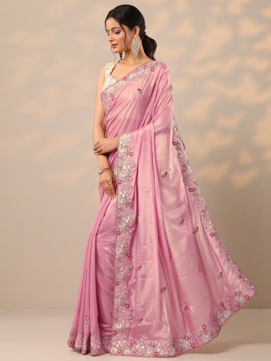 Pink Printed Georgette Sarees With Unstitched Blouse Piece