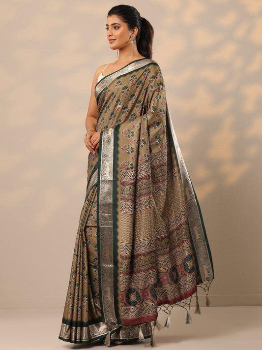 Tan Printed Silk Blend Sarees With Unstitched Blouse Piece
