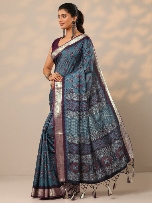 Teal Printed Silk Blend Sarees With Unstitched Blouse Piece