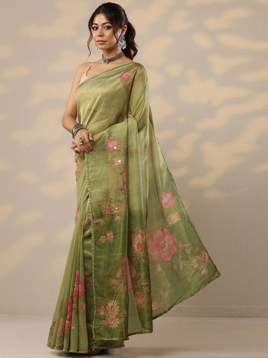 Green Printed Silk Blend Sarees With Unstitched Blouse Piece