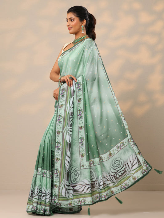 Green Printed Silk Blend Sarees With Unstitched Blouse Piece
