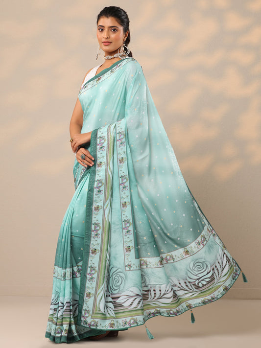 Blue Printed Silk Blend Sarees With Unstitched Blouse Piece