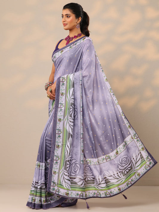 Purple Printed Silk Blend Sarees With Unstitched Blouse Piece