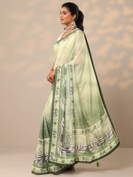 Green Printed Silk Blend Sarees With Unstitched Blouse Piece