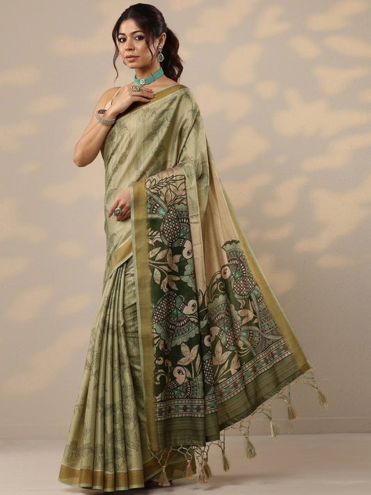 Green Printed Silk Blend Sarees With Unstitched Blouse Piece