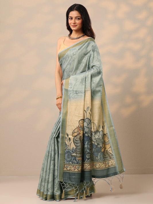 Blue Printed Silk Blend Sarees With Unstitched Blouse Piece