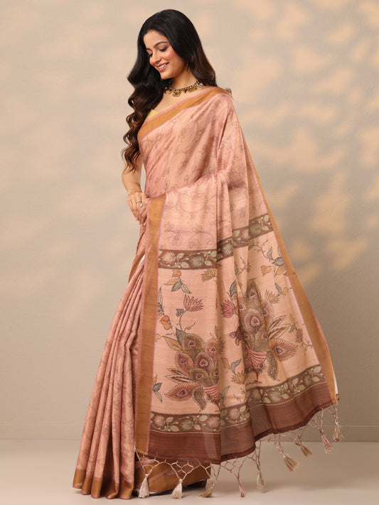 Peach Printed Silk Blend Sarees With Unstitched Blouse Piece