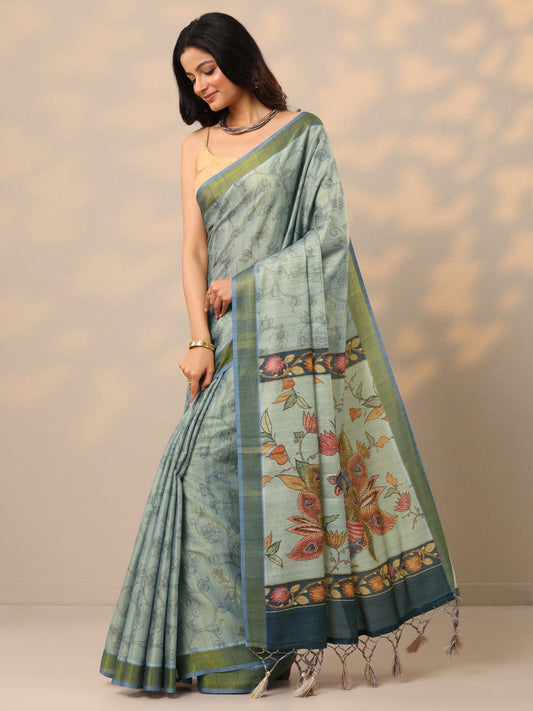 Blue Printed Silk Blend Sarees With Unstitched Blouse Piece
