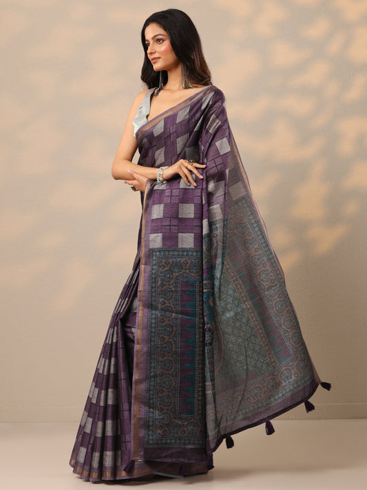 Wine Printed Cotton Blend Sarees With Unstitched Blouse Piece