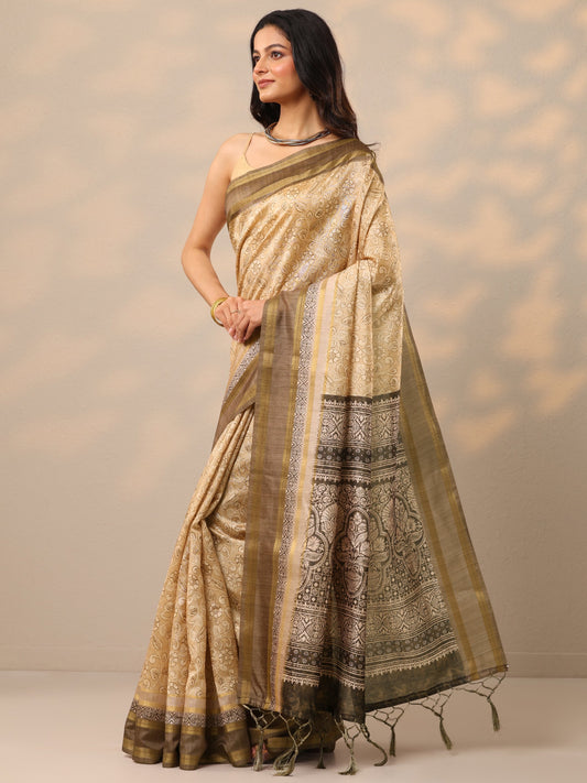 Beige Printed Silk Blend Sarees With Unstitched Blouse Piece