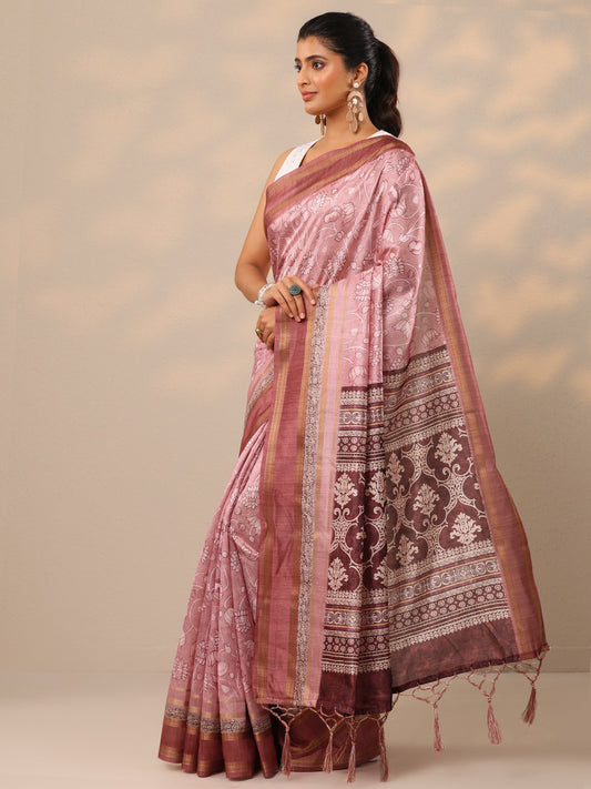 Pink Printed Silk Blend Sarees With Unstitched Blouse Piece