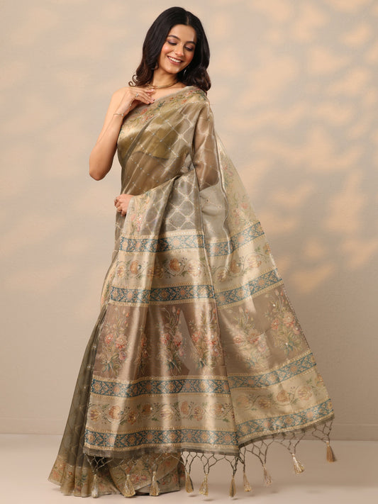 Tan Printed Nylon Sarees With Unstitched Blouse Piece