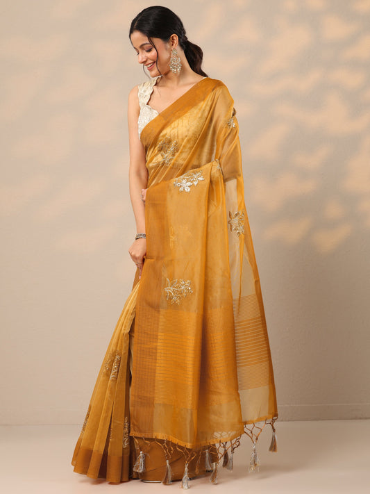 Mustard Embellished Organza Sarees With Unstitched Blouse Piece