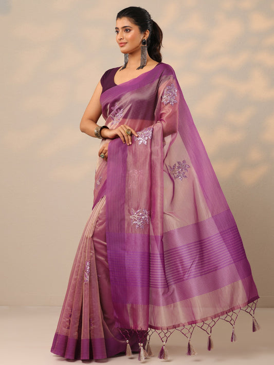Mauve Embroidered Organza Saree With Unstitched Blouse Piece