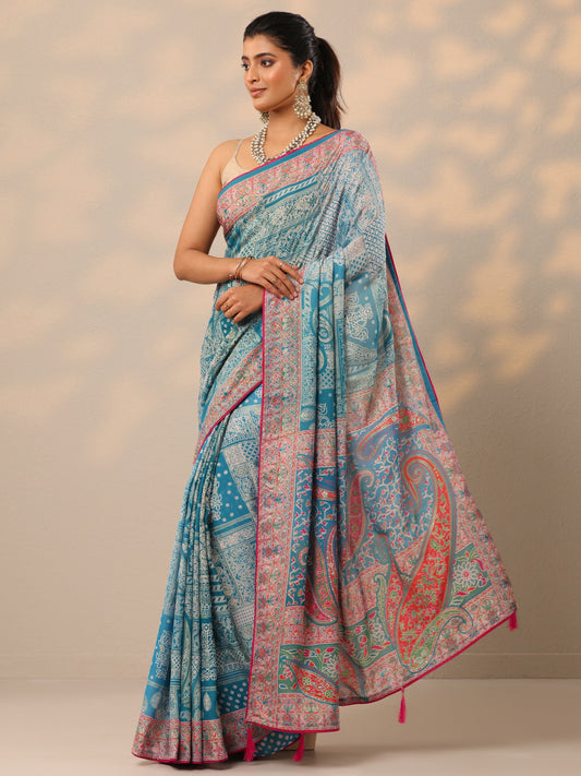 Blue Printed Georgette Sarees With Unstitched Blouse Piece