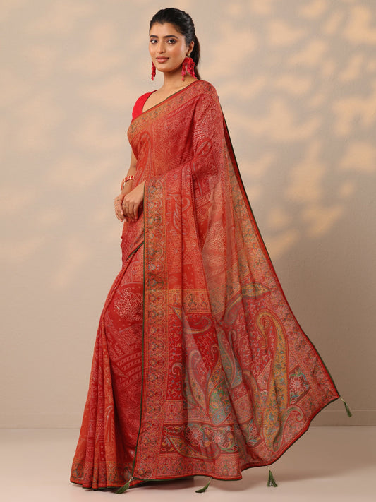 Red Printed Georgette Sarees With Unstitched Blouse Piece