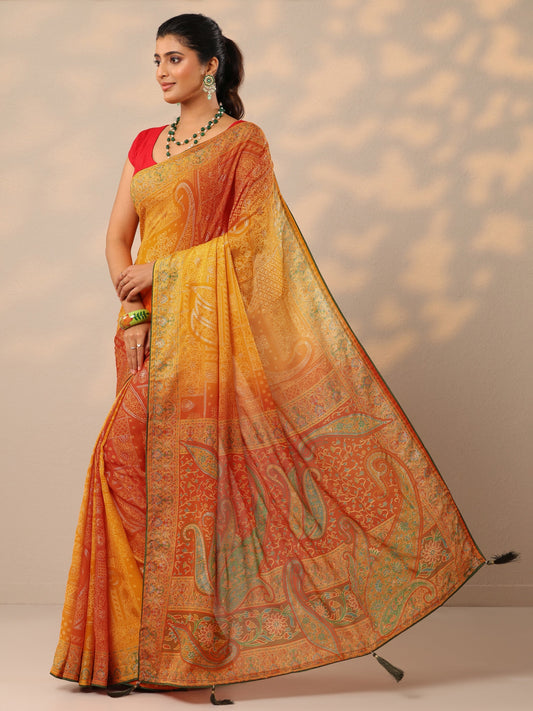Orange Printed Georgette Sarees With Unstitched Blouse Piece
