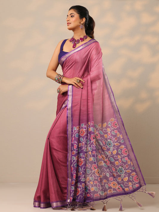 Mauve Printed Silk Blend Sarees With Unstitched Blouse Piece