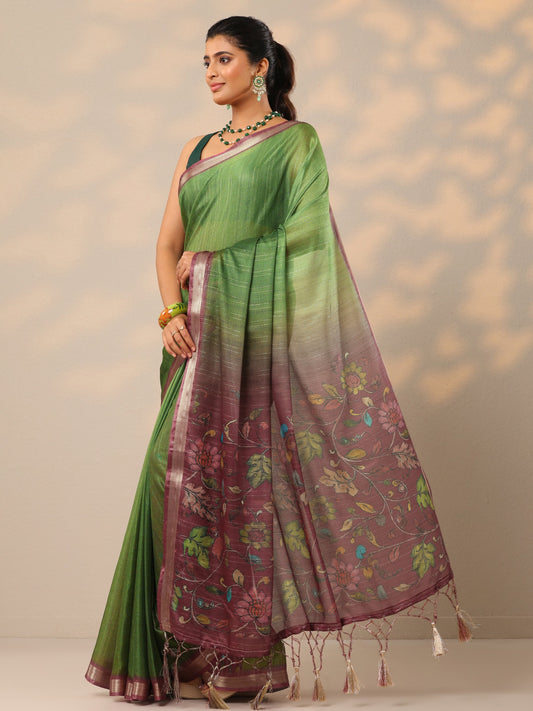 Green Printed Silk Blend Sarees With Unstitched Blouse Piece