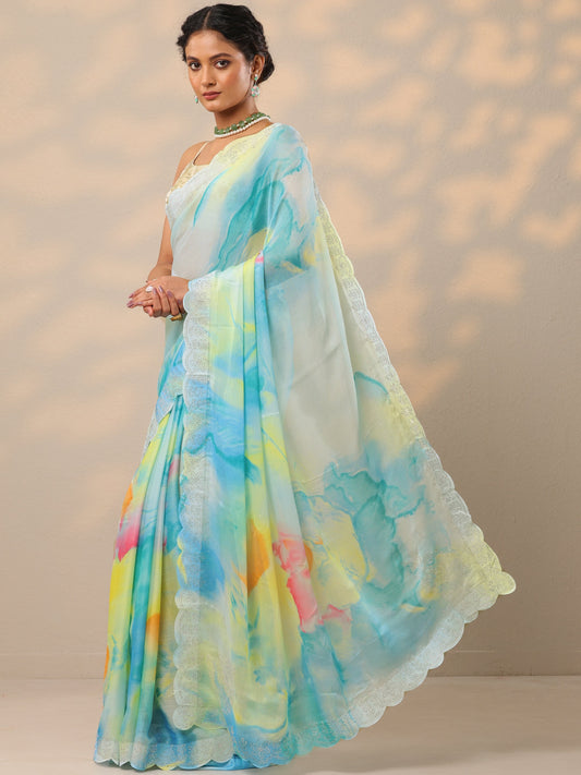 Turquoise blue Embellished Chinon Saree With Unstitched Blouse Piece