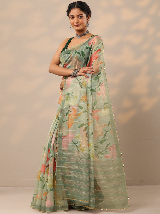 Green Printed Nylon Saree With Unstitched Blouse Piece