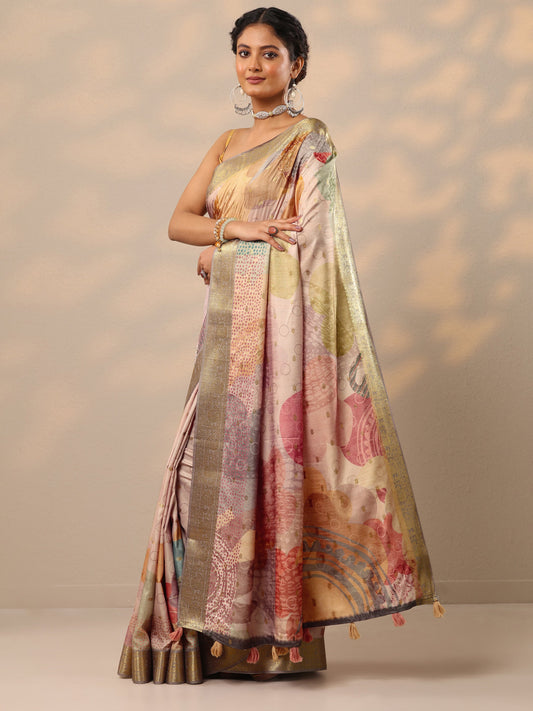 Beige Printed Silk blend Saree With Unstitched Blouse Piece