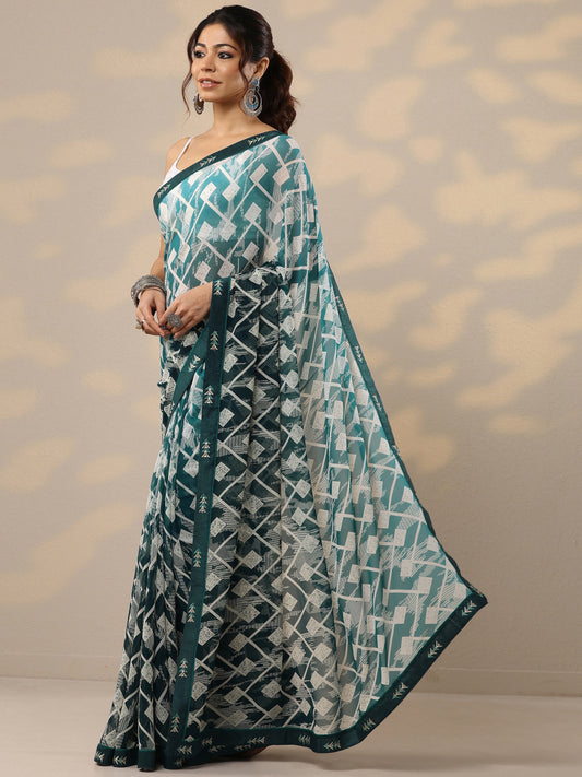 Teal Printed Georgette Sarees With Unstitched Blouse Piece