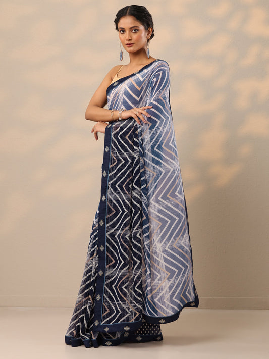 Blue Printed Georgette Saree With Unstitched Blouse Piece