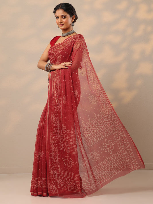 Red Bandhani Printed Chiffon Saree With Unstitched Blouse Piece
