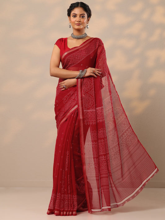 Red Bandhani Printed Chiffon Saree With Unstitched Blouse Piece