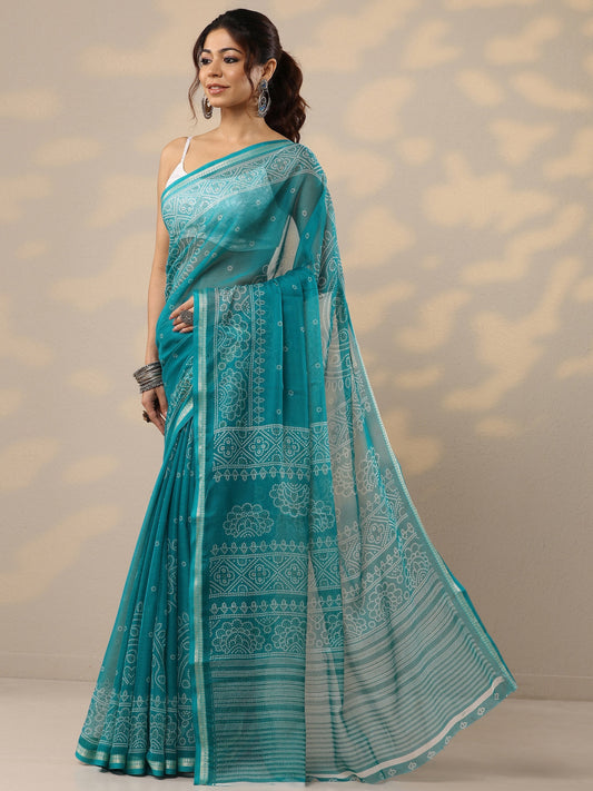 Blue Bandhani Printed Chiffon Sarees With Unstitched Blouse Piece