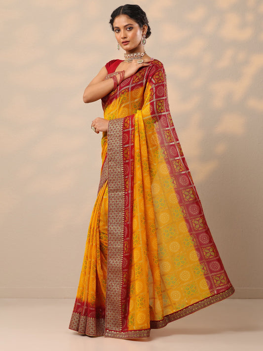 Yellow Bandhani Printed Georgette Saree With Unstitched Blouse Piece