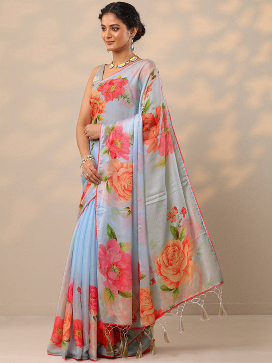 Blue Printed Crepe Saree With Unstitched Blouse Piece