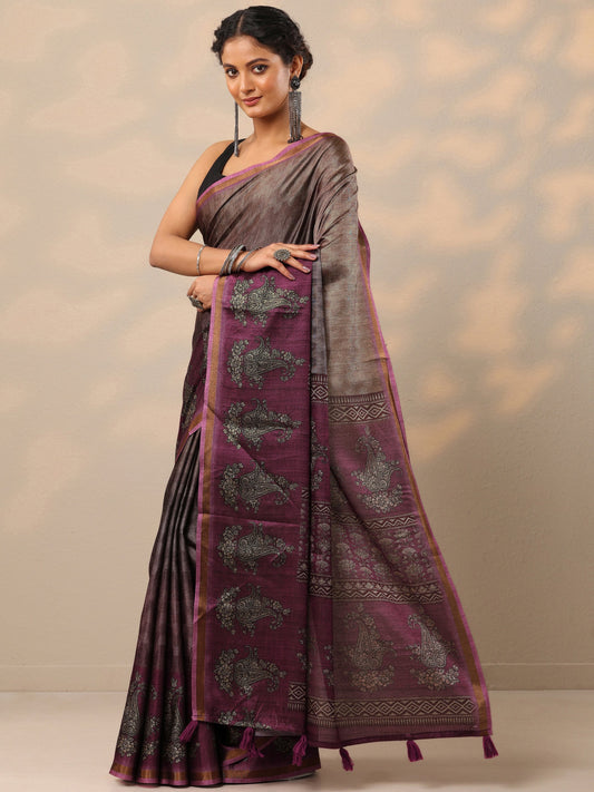 Brown Printed Cotton Blend Saree With Unstitched Blouse Piece