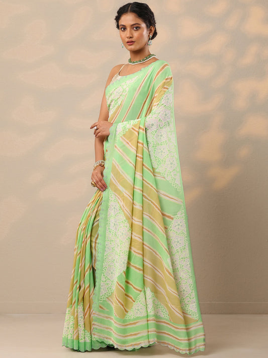 Green Leheriya Printed Georgette Saree With Unstitched Blouse Piece