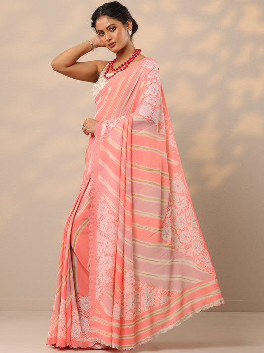 Coral Leheriya Printed Georgette Saree With Unstitched Blouse Piece
