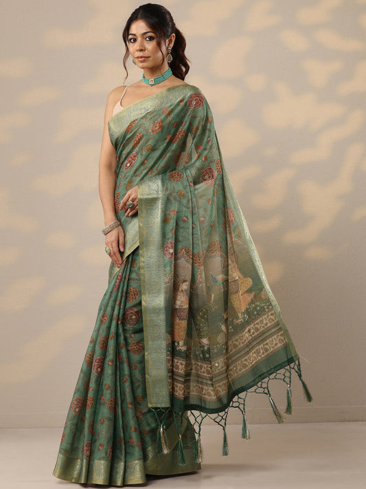 Green Printed Cotton Blend Sarees With Unstitched Blouse Piece