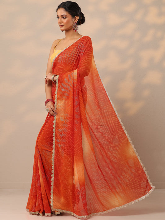 Orange Bandhani Printed Georgette Saree With Unstitched Blouse Piece