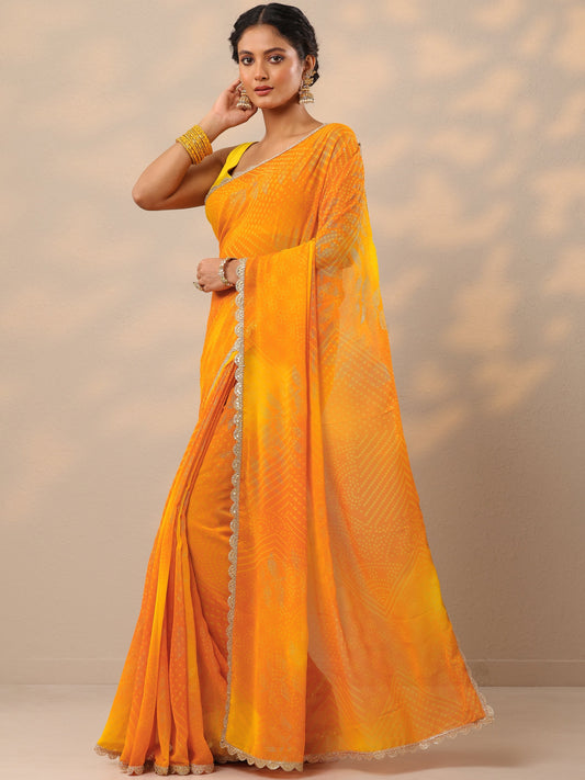 Orange Bandhani Printed Georgette Saree With Unstitched Blouse Piece